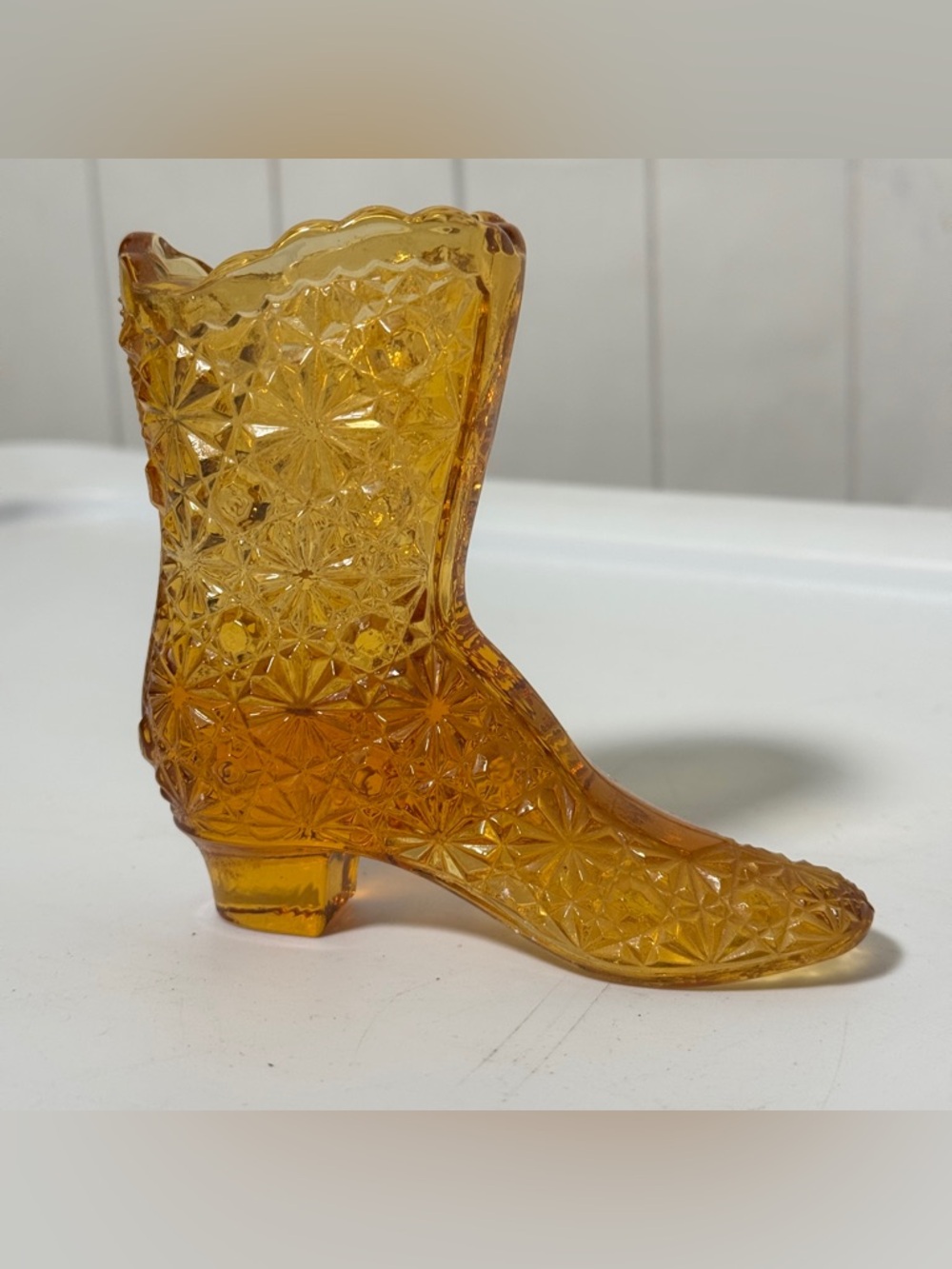 Vintage Fenton Amber‎ Glass Daisy Button Boot Tall Victorian Shoe Figurine Decor
